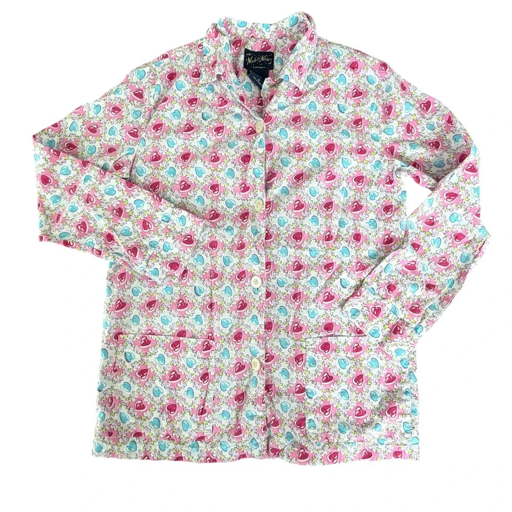 Nick & Nora Womens Pajama Top Small Pink Blue Heart‎ Floral Button Up Shirt
